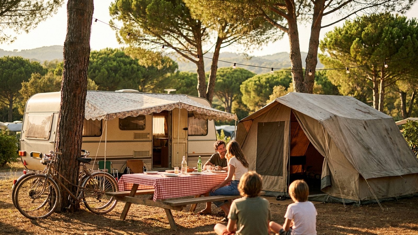 Caravan and tent at a southern European campsite